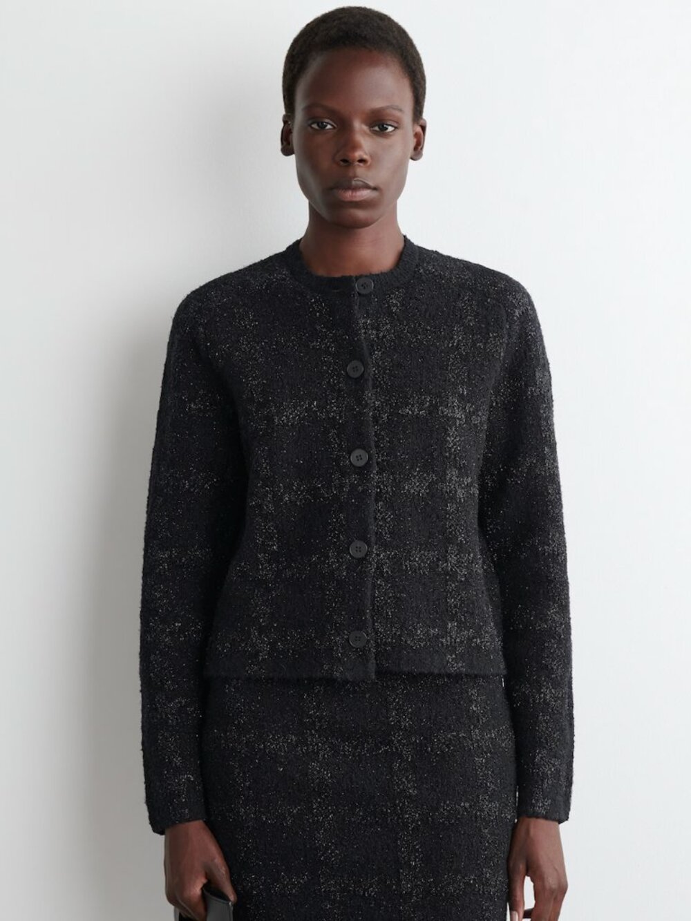 COS Black Sparkly Bouclé-Knit Button Front Crop Cardigan, Black Metallic, Small - Picture 3 of 12